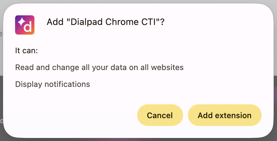 Prompt to add the Dialpad Chrome CTI extension with permissions listed.